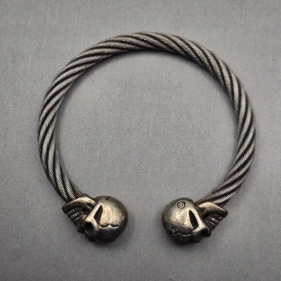 VTG Gaboratory Sterling Silver & Steel Gothic Skull Torque Cuff Bracelet 7.5" - Picture 7 of 11